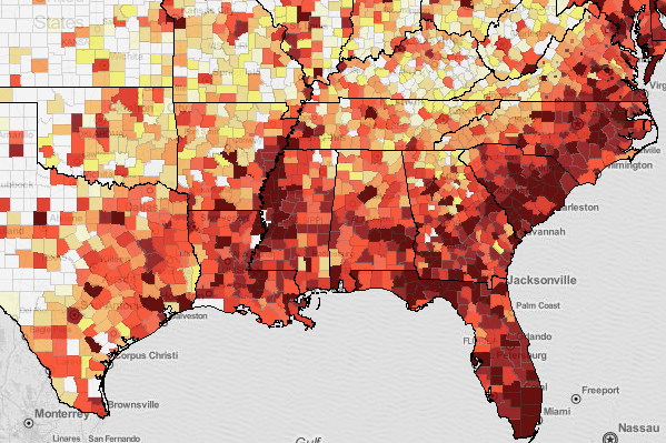 Persons living with an HIV or AIDS diagnosis in 2010. Map screenshot via AIDSVu.