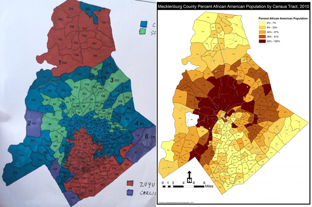 Chumley's precinct map and the county's demographic map on the percentage of black residents by census tract.