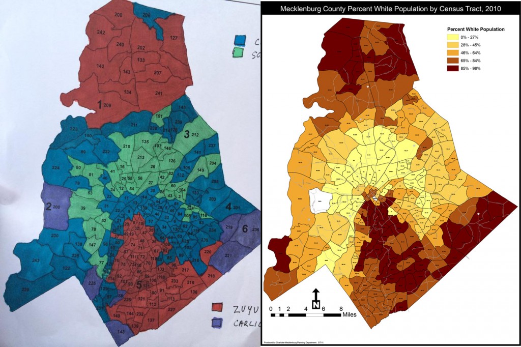 Chumley's precinct map and the county's demographic map on the percentage of white residents by census tract.